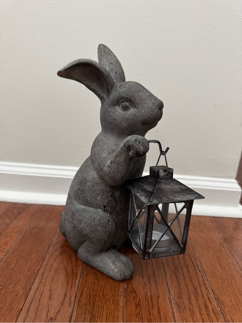 Pier 1 Gray Bunny Holding Lantern Statue